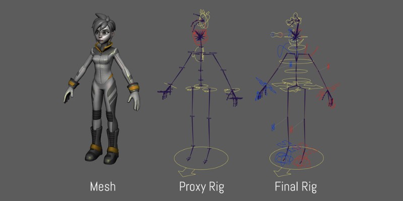 A model of a woman and a proxy rig version and final rig version next to her.