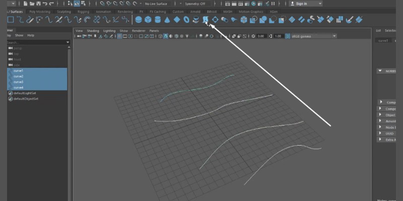 An arrow pointing to the command button in Maya