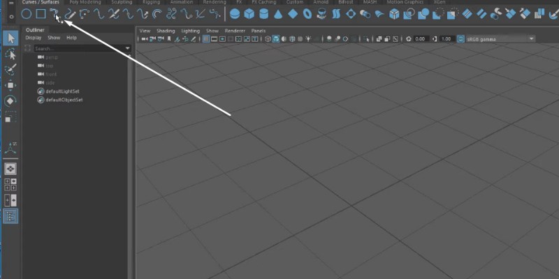Arrow pointing to the curve function button in Maya