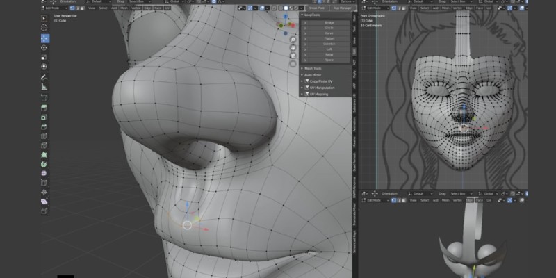 A close up of a 3D modeled face