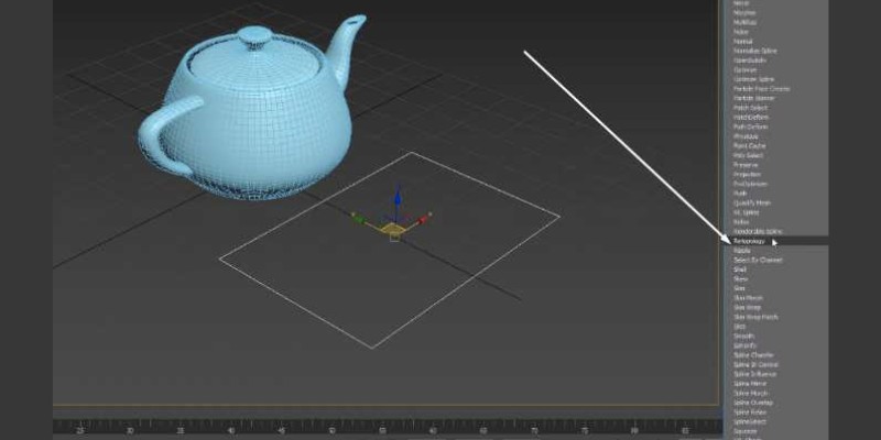 An arrow pointing to the retopology button in 3Ds Max