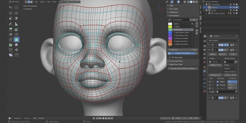 A 3D modeled face with the retopology button highlighted in Blender