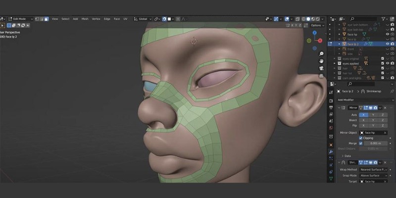 A 3D model face displaying retopology  on Blender