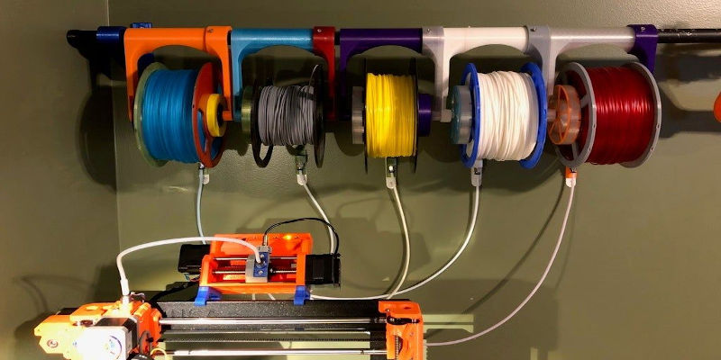Filaments spools hanging from a rack